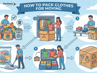 How to pack clothes for moving: neatly folded garments in moving boxes and wardrobe boxes.