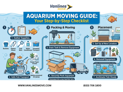 Person carefully moving a disassembled fish tank with fish in temporary containers, following an aquarium moving guide.