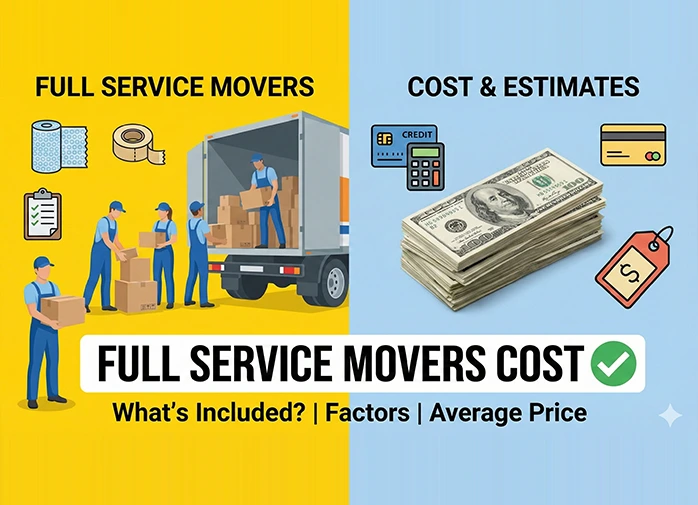 Full-service movers packing and loading household items with cost breakdown icons