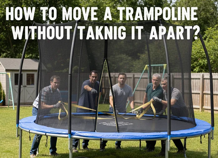 movers safely transporting trampoline without disassembling it