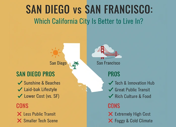 comparison of San Diego and San Francisco skyline and beaches